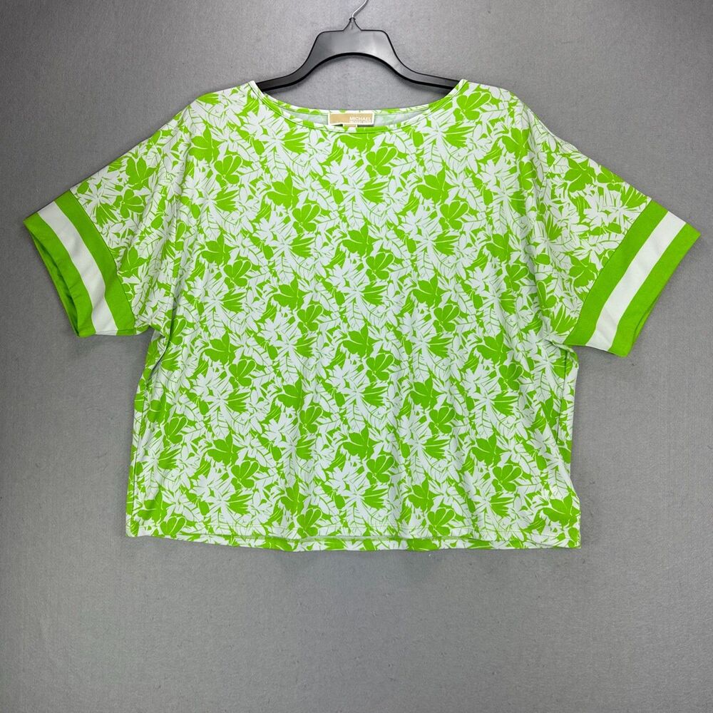 Michael Kors Top Women's XL Bright Green Floral Colorful Stretchy Oversized